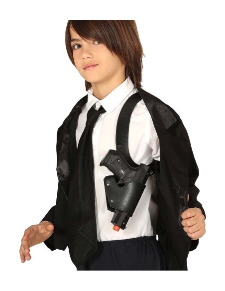 Fondina ascellare nera con pistola giocattolo indossata sotto giacca per costume agente segreto