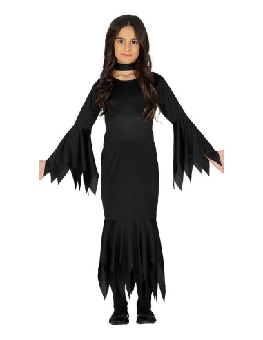 Costume Morticia bambina nero con abito lungo maniche pipistrello per Halloween