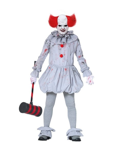 Costume Pennywise IT 2018 pagliaccio horror grigio con pompom rossi e tuta macchiata per Halloween