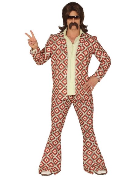 Costume hippy anni 70 uomo con giacca e pantaloni a fantasia geometrica rossa e bianca