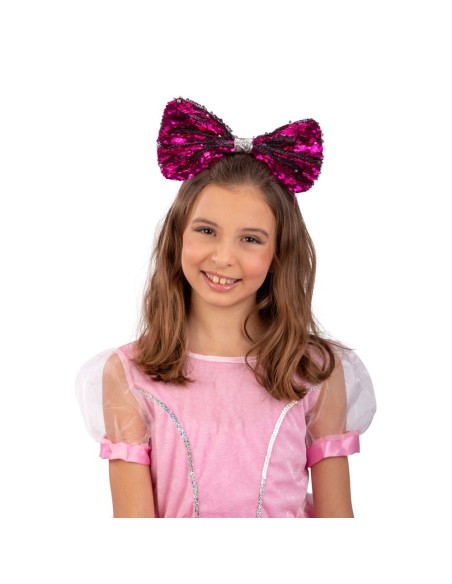 Cerchietto con fiocco fucsia e argento paillettato per bambina costume festa principessa