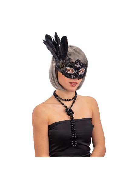 Maschera veneziana nera con paillettes lucide e piume decorative per Carnevale e feste eleganti