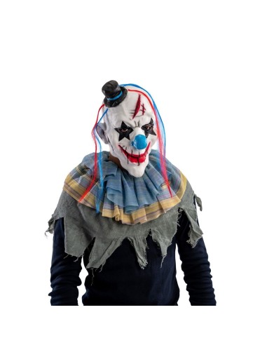 Maschera clown horror lattice con capelli colorati cappellino nero travestimento Halloween