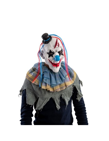 Maschera clown horror lattice con capelli colorati cappellino nero travestimento Halloween