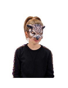 Maschera gufo in tessuto grigio e marrone con piume realistiche per Halloween e feste in maschera
