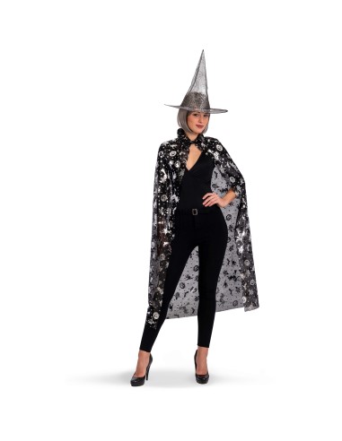 Costume da strega nero con mantello lungo e cappello a punta decorati con stampe argento per Halloween