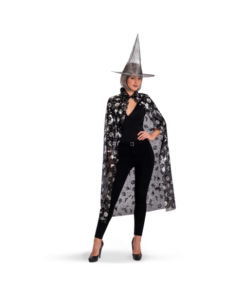 Costume da strega nero con mantello lungo e cappello a punta decorati con stampe argento per Halloween