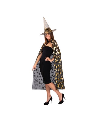Costume strega donna nero con mantello lungo e cappello decorazioni oro per Halloween
