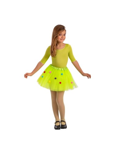 Bambina indossa tutù verde con pois colorati e top coordinato per festa a tema