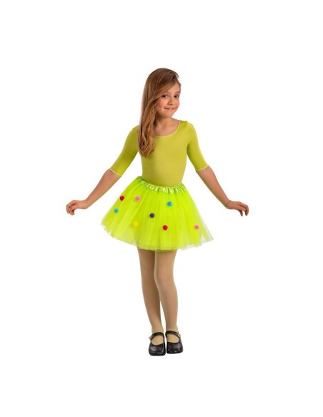 Bambina indossa tutù verde con pois colorati e top coordinato per festa a tema