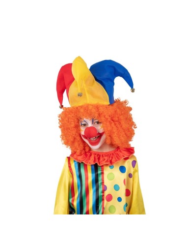 Set costume clown con cappello tricolore rosso giallo blu e naso rosso per feste a tema circo