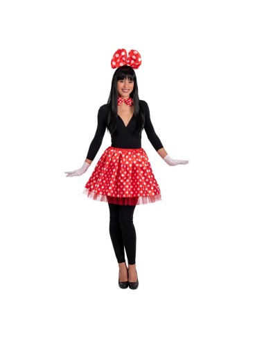 Set costume topolina adulto con gonna rossa a pois bianchi, cerchietto orecchie e papillon per travestimento Disney