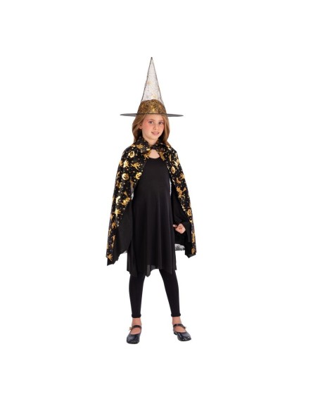 Bambina con costume da strega nero mantello lungo e cappello a punta con decorazioni dorate per Halloween