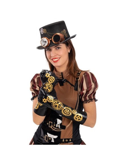 Guanti neri steampunk con stampe dorate ingranaggi lunghezza 56cm tessuto elasticizzato accessorio costume