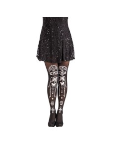 Collant neri con stampe teschio messicano e decorazioni scheletro bianche per Halloween Day of the Dead