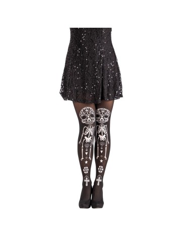 Collant neri con stampe teschio messicano e decorazioni scheletro bianche per Halloween Day of the Dead