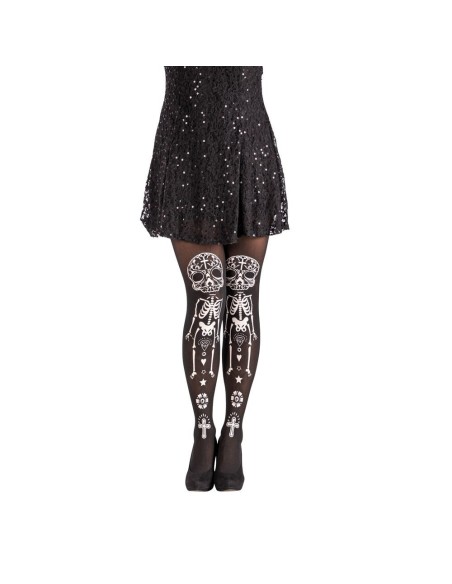 Collant neri con stampe teschio messicano e decorazioni scheletro bianche per Halloween Day of the Dead