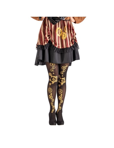Collant neri con decorazioni steampunk dorate indossati con gonna vintage a righe rosse e nere