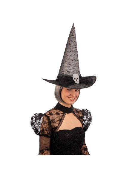 Cappello strega grigio alto con teschio decorativo e velo nero per costume Halloween donna