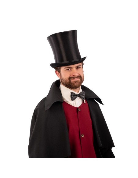 Tuba nera in rasetto altezza 20cm indossata da uomo elegante con mantello nero per costume d'epoca vittoriana
