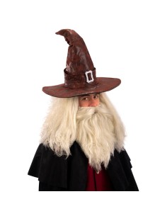 Cappello da stregone marrone in ecopelle modellabile con barba bianca per costume Halloween fantasy