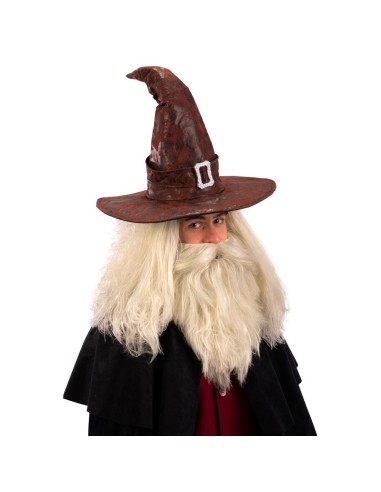 Cappello da stregone marrone in ecopelle modellabile con barba bianca per costume Halloween fantasy