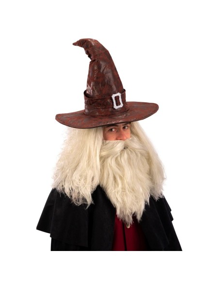 Cappello da stregone marrone in ecopelle modellabile con barba bianca per costume Halloween fantasy