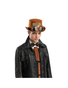 Cilindro steampunk marrone in feltro con occhiali decorativi e dettagli metallici per costume vittoriano