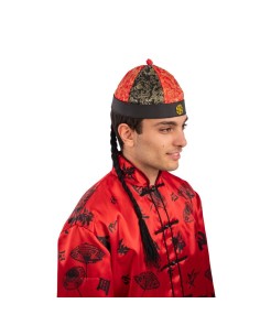 Cappello cinese rosso e nero con ricami tradizionali orientali per costumi