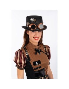 Donna con cilindro nero steampunk in feltro e occhiali dorati per costume vittoriano