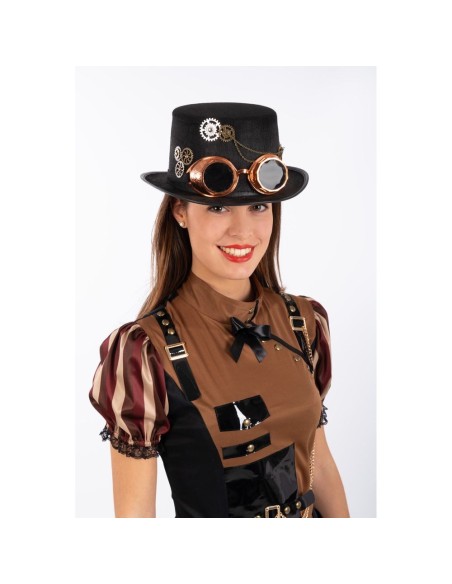 Donna con cilindro nero steampunk in feltro e occhiali dorati per costume vittoriano