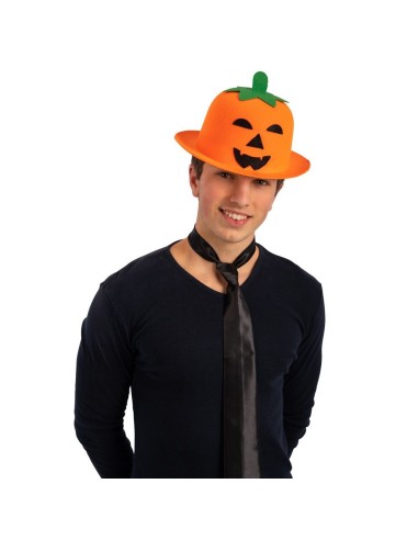 Bombetta zucca arancione in feltro con faccina intagliata per costume Halloween uomo