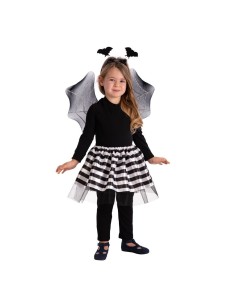 Bambina con costume pipistrellina ali grigie gonna righe bianche nere cerchietto Halloween