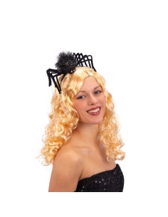 Cerchietto con ragno nero e zampe articolate indossato da donna bionda per Halloween