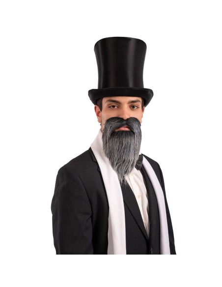Barba finta brizzolata grigia lunga per costume da gentiluomo elegante con cilindro nero