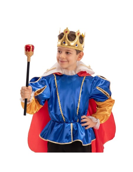 Bambino con corona e scettro dorato per costume da re con mantello rosso e blu