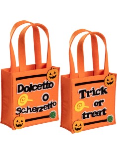 Borsina Halloween arancione con scritte dolcetto scherzetto e decorazioni zucche per bambini