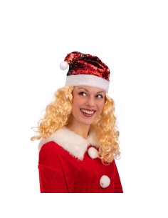 Cappello Babbo Natale rosso con paillettes reversibili e bordatura bianca per feste natalizie