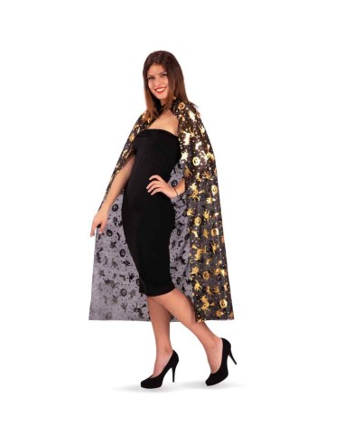 Mantello lungo nero con stampe dorate indossato da donna per costumi Halloween e feste a tema