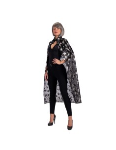 Mantello nero lungo con stampe argento indossato da donna, accessorio elegante per feste e Halloween