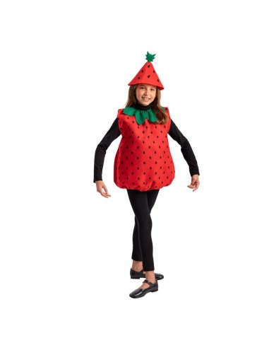 Costume da fragola rosso con cappello verde e puntini neri per bambina, tunica in panno