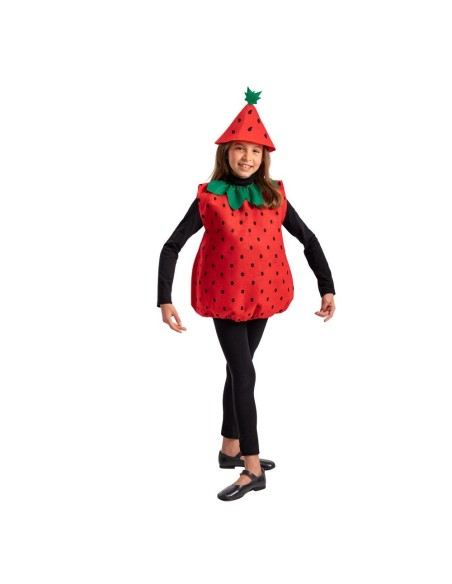 Costume da fragola rosso con cappello verde e puntini neri per bambina, tunica in panno