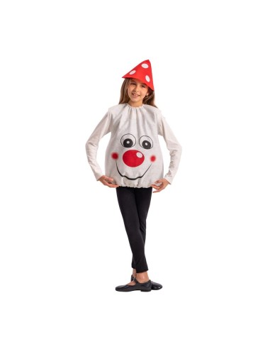 Costume funghetto bambino con casacca bianca volto sorridente e copricapo rosso pois bianchi