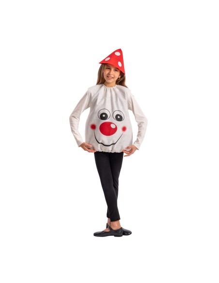 Costume funghetto bambino con casacca bianca volto sorridente e copricapo rosso pois bianchi