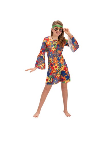 Costume hippie anni 70 multicolore con motivi peace and love e maniche a campana per donna