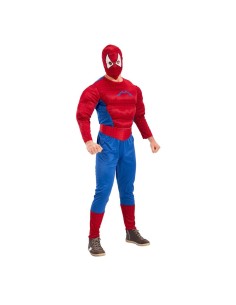Costume Spider-Man rosso e blu con muscoli imbottiti e maschera per travestimento supereroi