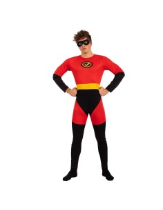 Costume supereroe rosso e nero con maschera e simbolo sul petto per feste a tema