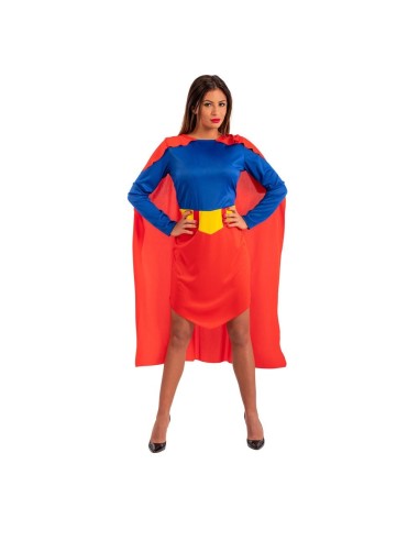 Costume supereroe donna con body blu, mantello rosso e cintura gialla per feste a tema