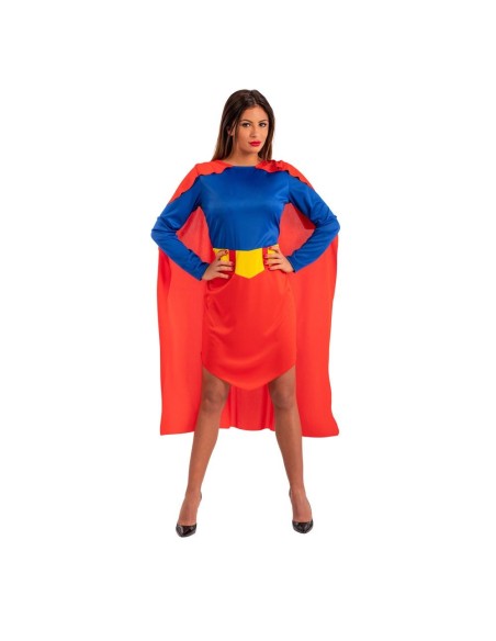 Costume supereroe donna con body blu, mantello rosso e cintura gialla per feste a tema