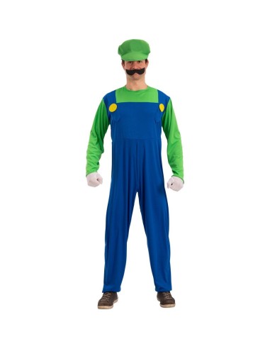 Costume idraulico Luigi con tuta blu, maglia verde, cappello e guanti bianchi per feste a tema videogiochi
